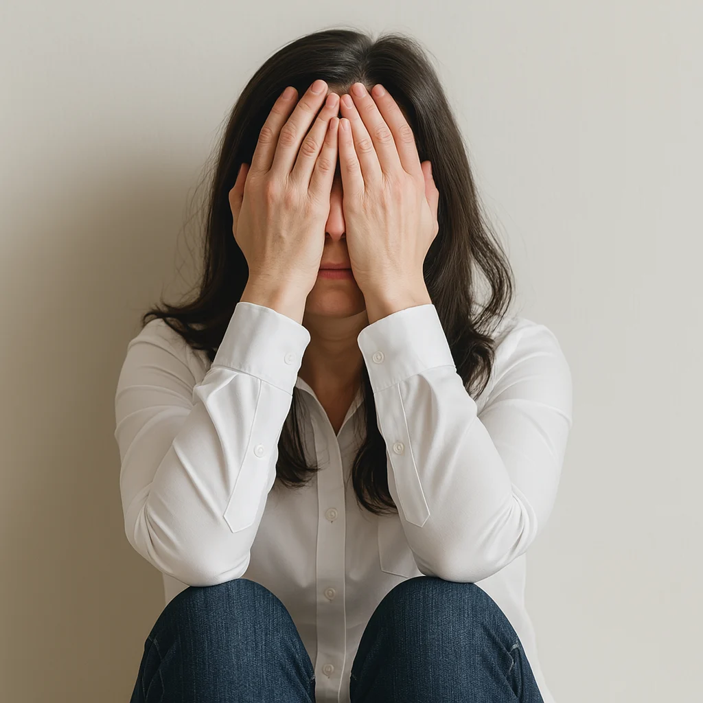 A woman sits alone against a light-coloured wall with her hands covering her face, conveying emotional distress. This image represents the struggle with overwhelming emotions often associated with depression. Ideal for use in content related to depression counselling in Pretoria.