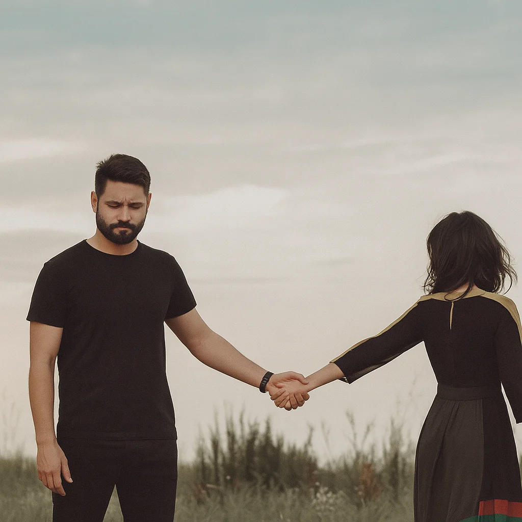 A distressed couple standing apart while holding hands in a field, symbolising emotional distance and relationship struggles, representing couples counselling in Pretoria.